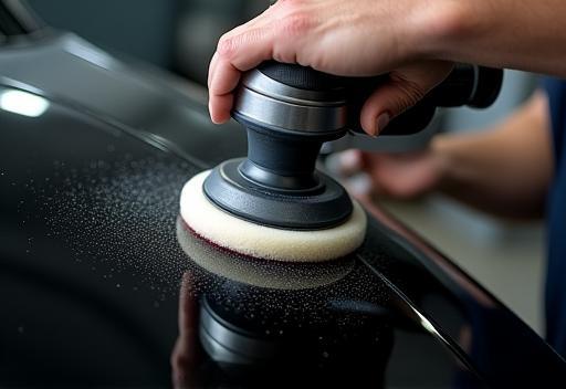 Hands-on training polishing a car hood - close up of a student using a rotary polisher on a black car