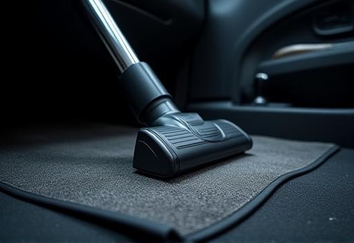 Instructor demonstrating interior vacuuming techniques - showing proper vacuum use on car floor mats