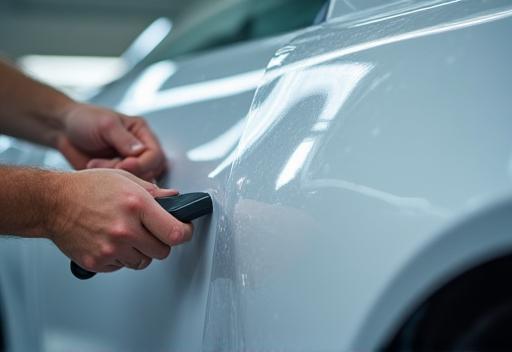 Applying paint protection film to a car panel - showing clear film being squeegeed onto a fender