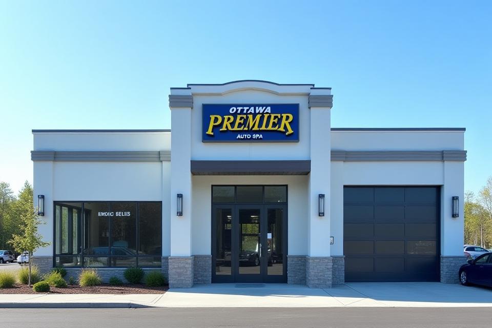 Exterior view of the Ottawa Premier Auto Spa training facility - a modern, clean building with signage