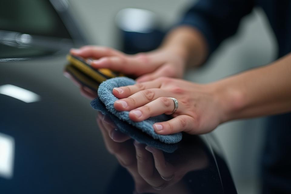 Close up of hands detailing a car panel during training - focusing on the technique